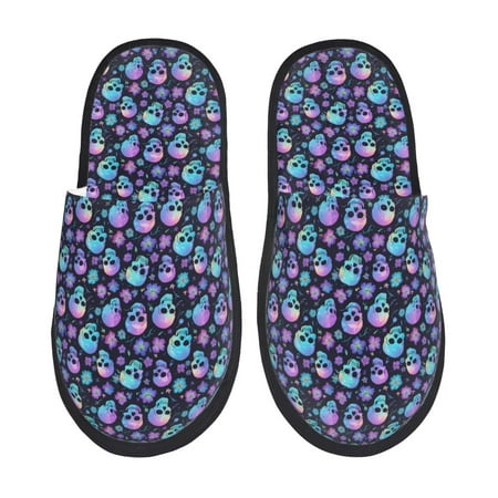 Balery Blue Skull Flower Slient Indoor Furry Fleece Comfort House Shoes Soft Non-Slip Home Shoes Cotton slippers House Slippers-- Large