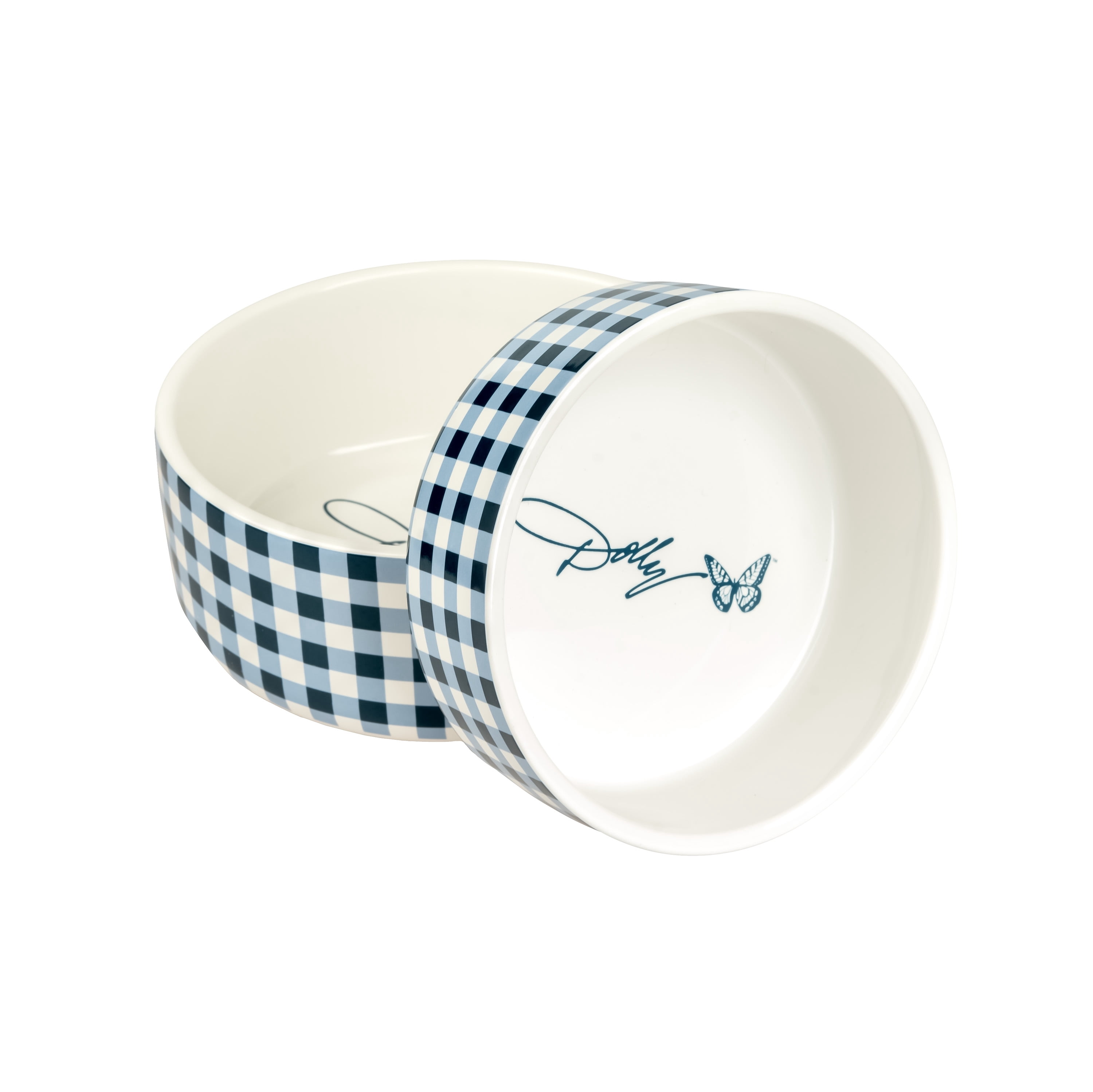 Doggy Parton, Dog Bowls, Rustic Checkered Pet Bowl, Blue, Medium