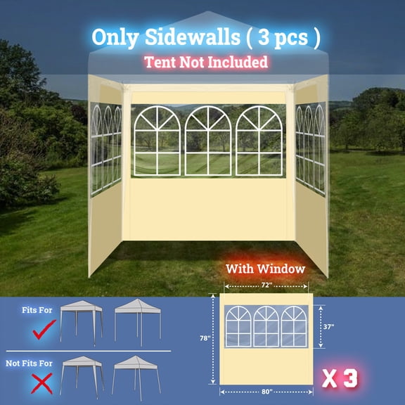 80" L X 78" W for Outdoor Tent Replacement Sidewall with Windows for Folding Tent Canopy Gazebo (3PCS, Ecru)