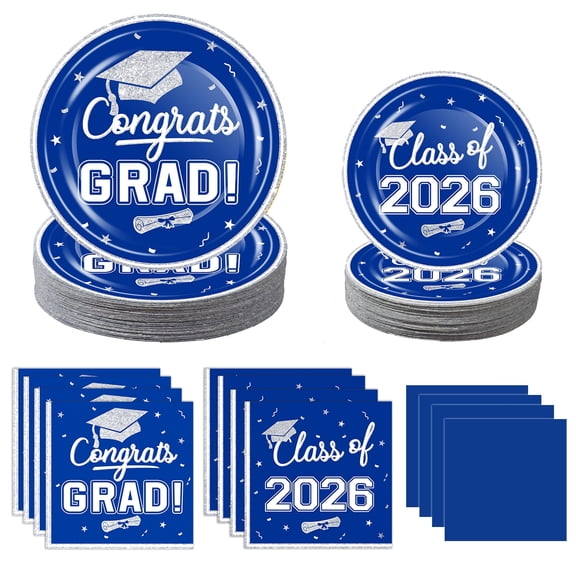 OuMuaMua 2026 Graduation Party Dinnerware Supplies - 200 Pcs Blue White Graduation Disposable Plates and Napkins for 2026 College High School Graduation Party Decorations, Serves 50