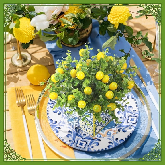 Blue Tiles Lemon Table Centerpiece Decor Amalfi Coast Box Decorations with Artificial Lemon Branches for Capri Mediterranean Positano Wedding Birthday Party Decor(8 Sets)