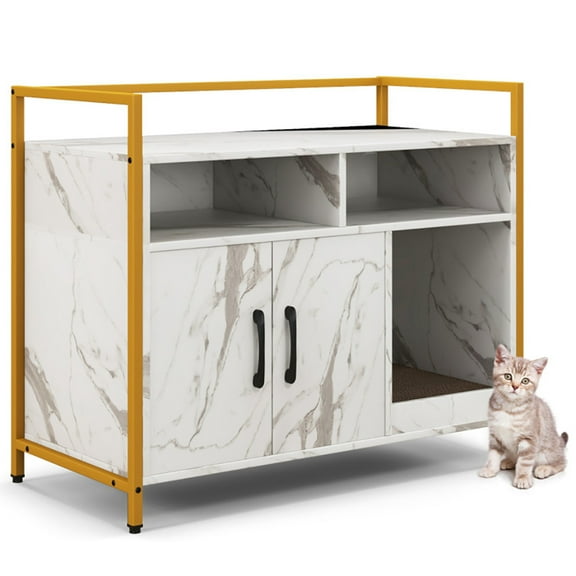 Canddidliike Hidden Cat Washroom with Double Doors and Scratch Cardboard-White, Litter Box Furniture, Litter Box Enclosure , Pet Crate, Cat Washroom Cabinet, Fits Most Litter Box