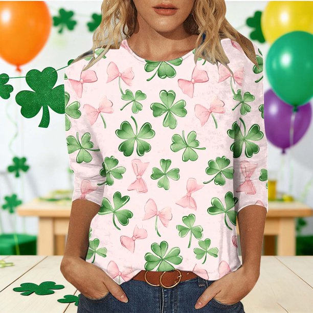 TaTaai Women's Fashion St. Patrick's Day Unstructured Print Loose Casual Round Neck 3/4 Sleeve T-Shirt Pullover Gift