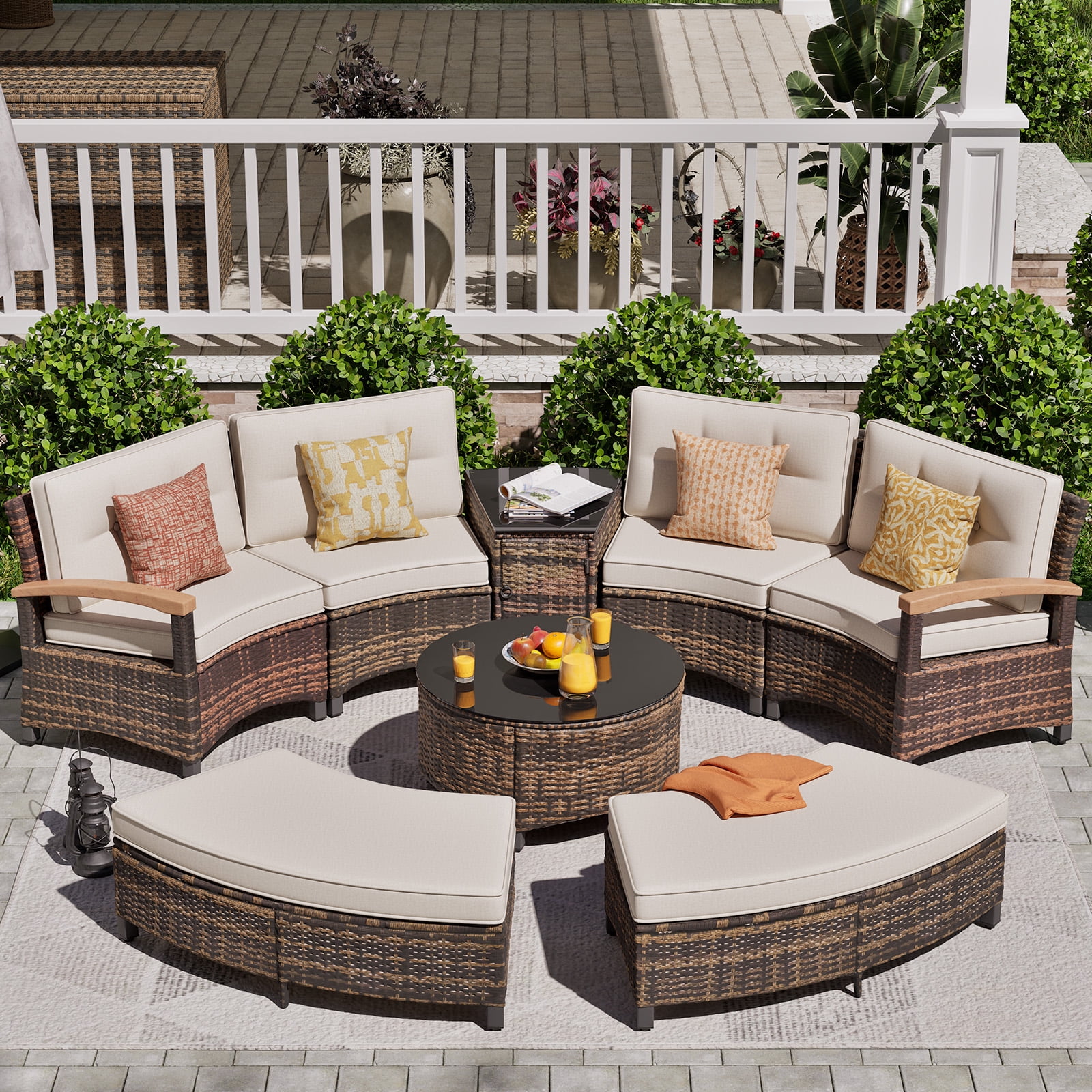 MEISSALIVVE 8 Piece Outdoor Patio Furniture Set, Half-Moon Curved Rattan Conversation Set with Wood Armrest, 2 Ottoman, Coffee Table & Side Table(Beige)