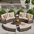 thumbnail image 4 of MEISSALIVVE 8 Piece Outdoor Patio Furniture Set, Half-Moon Curved Rattan Conversation Set with Wood Armrest, 2 Ottoman, Coffee Table & Side Table(Beige), 4 of 11