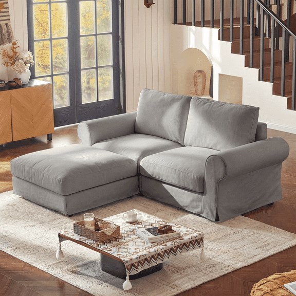 Vorthio 81.9" Oversized Loveseat Cloud Couch with Ottoman, Deep Wide Seat Slipcovered Sofa, Rolled Arms, Washable Fabric, Easy Assembly, Grey