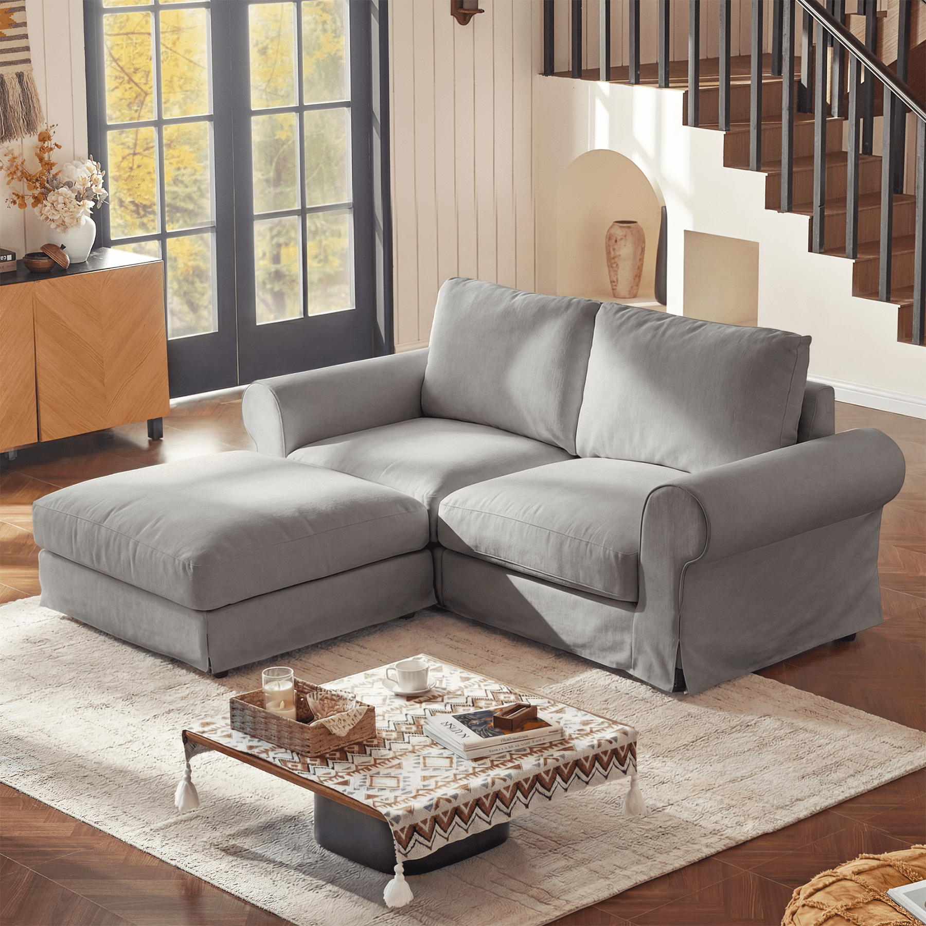 Vorthio 81.9" Oversized Loveseat Cloud Couch with Ottoman, Deep Wide Seat Slipcovered Sofa, Rolled Arms, Washable Fabric, Easy Assembly, Grey
