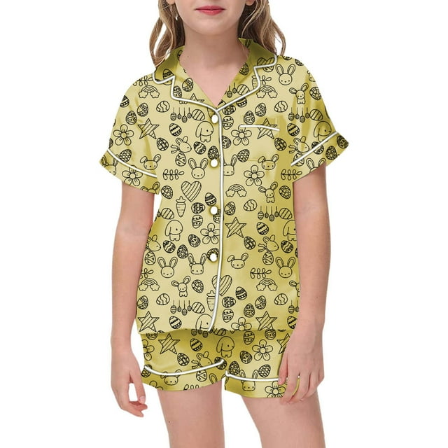 PMVFHDE Langes pour Bébés Filles Ensemble de Pâques pour Enfants Bricolage Peint à la Main Tenue de Maison avec Pyjamas Colorés les Filles Peuvent Jouer et le Porter au Quotidien Tenues pour Tout-Petits Jaune,10-11 Ans