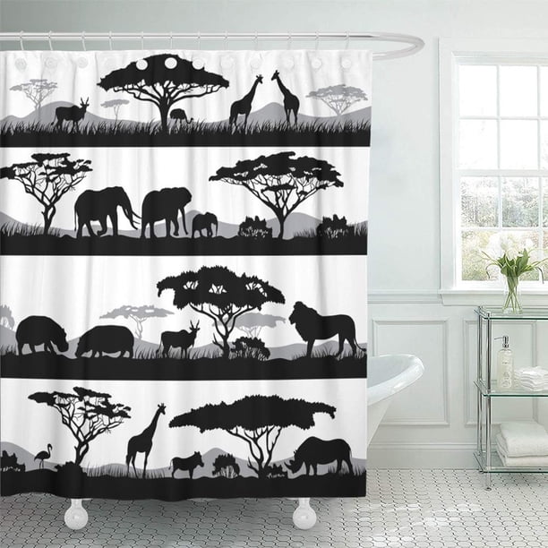 ABPHQTO Collage de siluetas de animales salvajes en puesta de sol roja Elefante León África Juego de cortinas de ducha impermeables para baño 165x180 cm ABPHQTO PKNMT66x72Shower-10205