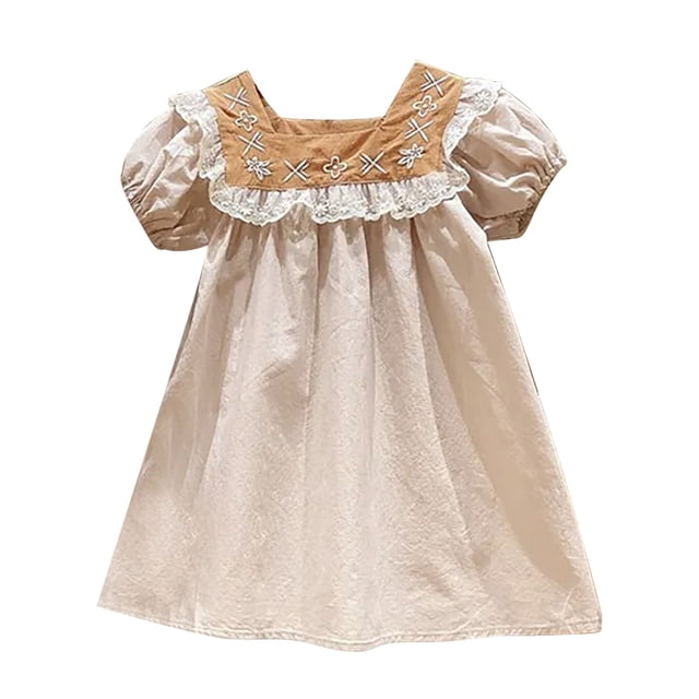 WEAIXIMIUNG Robes pour Filles Robe d'Été Mignonne Décontractée Col Brodé Manches Courtes avec Manches Bouffantes pour 3 à 9 Ans