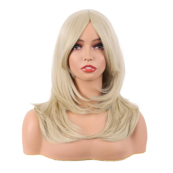 PinesC 20 Inch/50 cm Long Layered With Bangs Straight Synthetic fiber Shoulder Length Hair for Daily Use or Party Wig (Blonde) Blonde