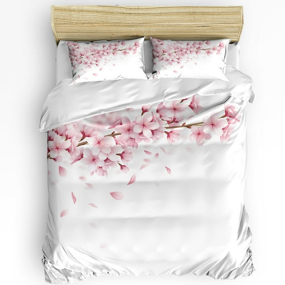 Pink Flower Cherry Blossoms White Duvet Cover with Pillow Case Custom Bedding Set Quilt Cover Doubl