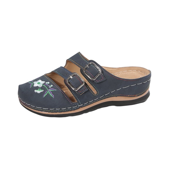 LTTVQM Orthopedic Sandals for Women Close Toe Arch Support Walking Slippers Slip On Floral Wide Width Sandals for Women Anti-Slip Breathable Sandal Summer Flat Sandals Navy 38(US-7)