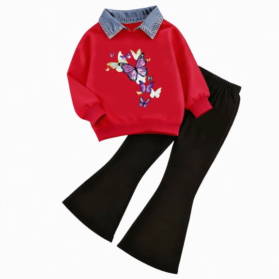 TOWED22 Kids Toddler Girl Clothes Print Sweatshirt Flared Pants 2Pc Outfits Set Infant Fall Winter Outfits,Dark Purple,6-7 Y