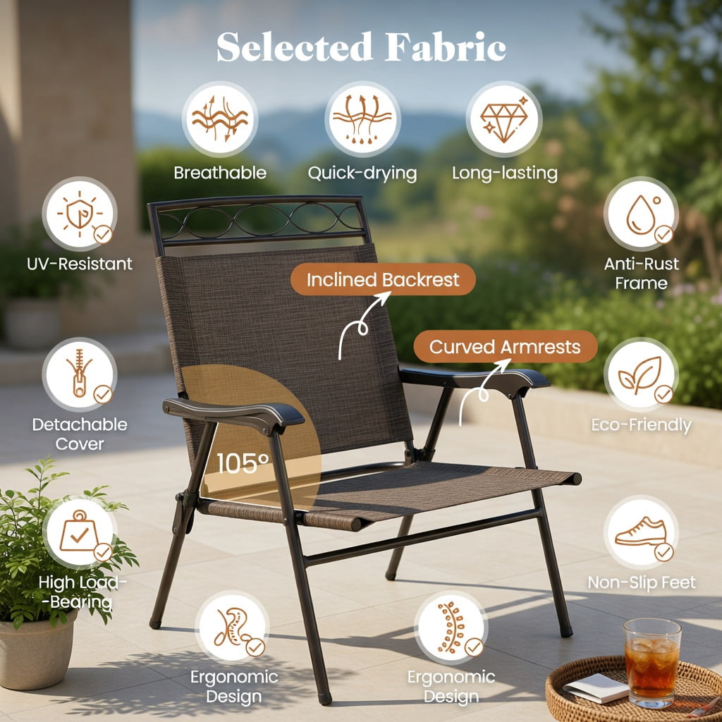 Hommoo 3-Piece Outdoor Bistro Set, Foldable Metal Patio Chairs + Round Tempered Glass Table with 1.57" Umbrella Hole, Compact for Balcony, Porch & Small Spaces, Brown & Black