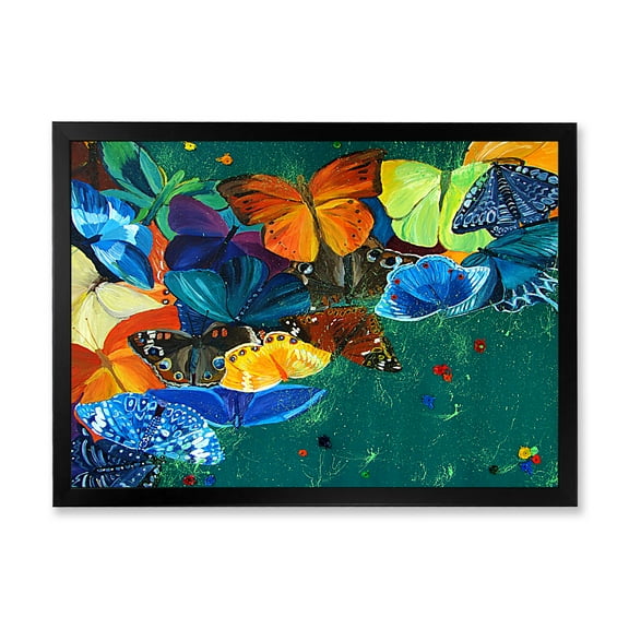 Designart 'Abstract Colour Butterflies On A Gree' Modern Framed Art Print