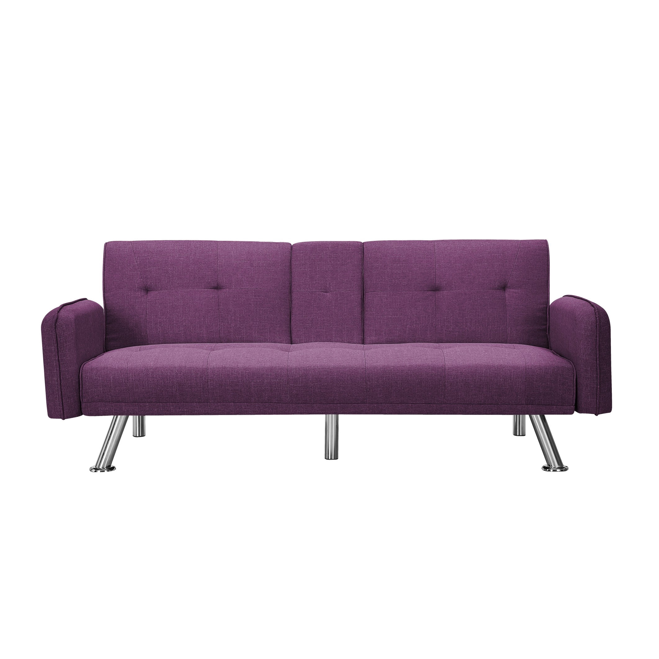 BSHTI 74.4" Futon Sleeper Sofa Bed with Drop-Down Middle Back & 2 Cup Holders – 3-Position Adjustable Backrest, Linen Upholstery, Chrome Metal Legs, for Home, Office, Guest Room,Purple