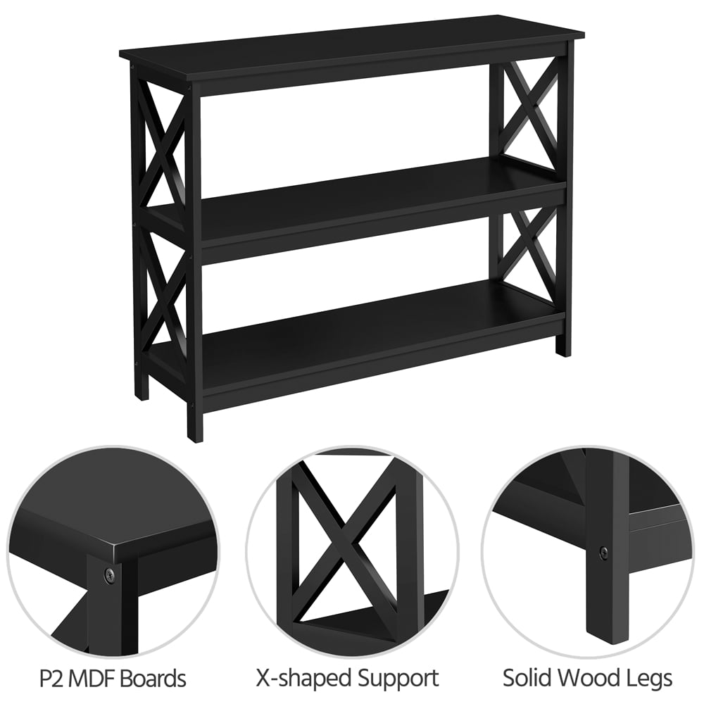 Renwick 3-Tier Wooden X-Design Console Table with Storage Shelves for Living Room, Black