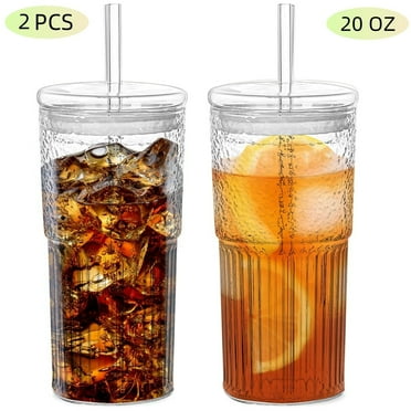 2 Piece 20 oz Glass Cups with Lid and Straw,High Borosilicate Tumbler,  Iced Coffee Cup, Beer Glasses,Water Smoothie,Clear