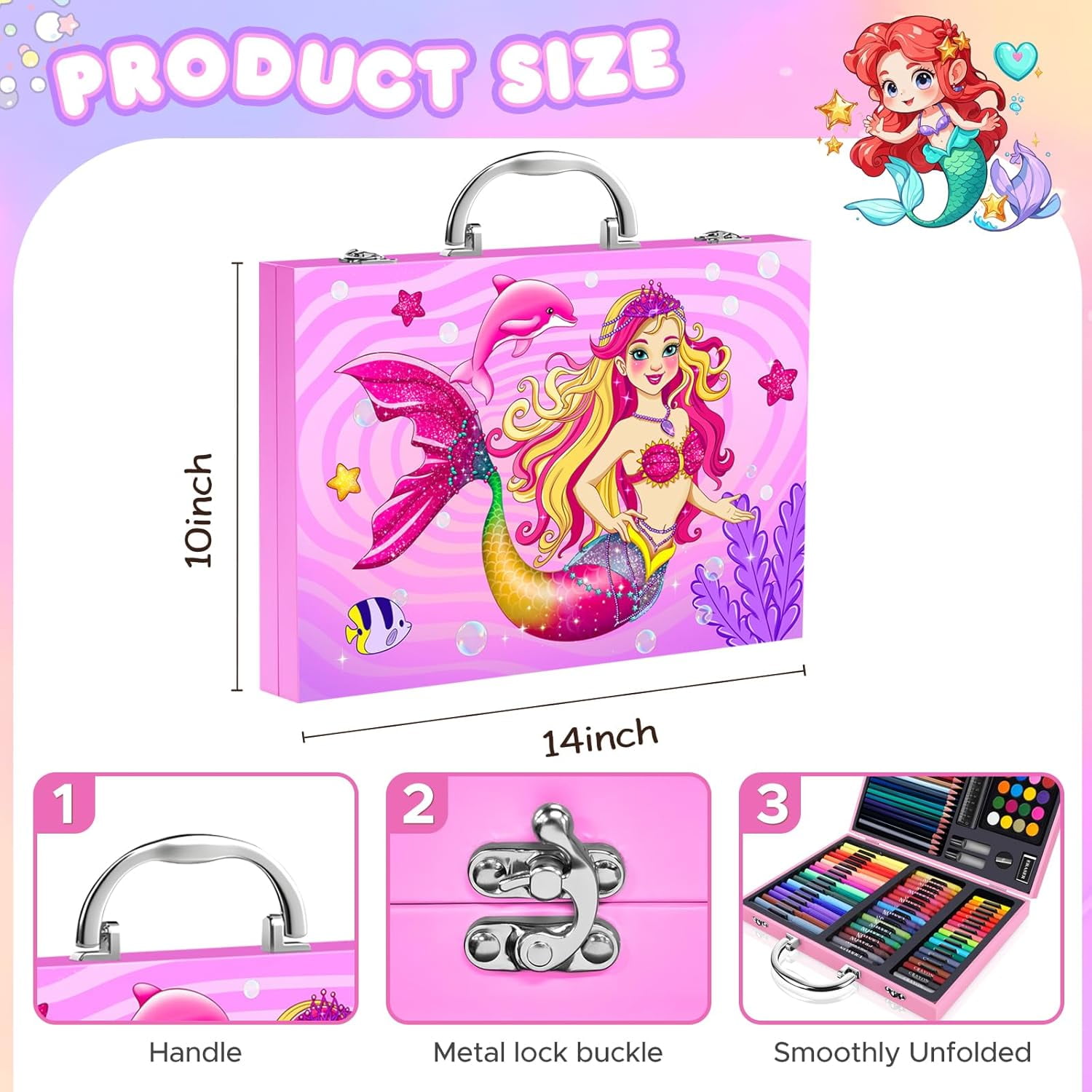 homicozy Art Supplies Kit for Kids Ages 4-12,Mermaid Art Case Coloring Set,Drawing Kits with Markers, Crayons, Colored Pencils,Oil Pastels,Coloring Book,School Supplies,Gift for Kids Artist Age 4+
