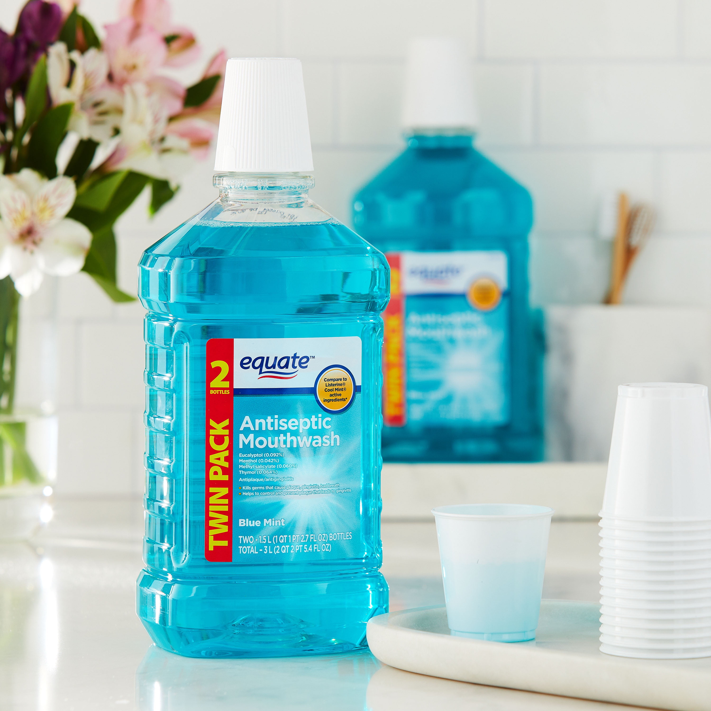 Equate Blue Mint Antiseptic Mouthwash for Bad Breath & Plaque Oral Care, 1.5 L (2 Count), Compare to Listerine® Cool Mint® Active Ingredients