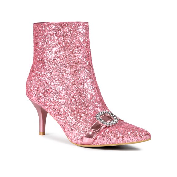 BLISSFUL STEP Rhiness Pointed Toe Stiletto Heel Glitter Ankle Boots for Women Pink 6.5