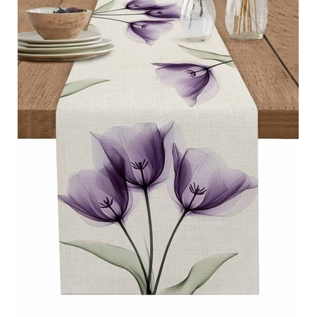 

Table Runner Dresser Scarf 13 x 120 Inch Retro Spring Purple Tulip Flower Leaf Beige Table Runners Non-Slip Heat Kitchen Dining Table Decor for Indoor Outdoor Home Party Decoration