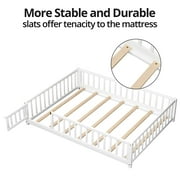 Queen Floor Bed Frame for Toddler, Montessori Floor Bed with Fence and Wood Slats for Girls Boys Kids Happy Time,White