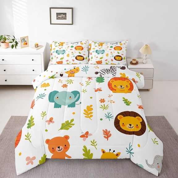 Erosebridal Cute Elephant Bear Lion Comforter Sets Full Size, Kawaii Jungle Wildlife Comforters & Duvets, Leaves Home Decor, Reversible 3 Pieces