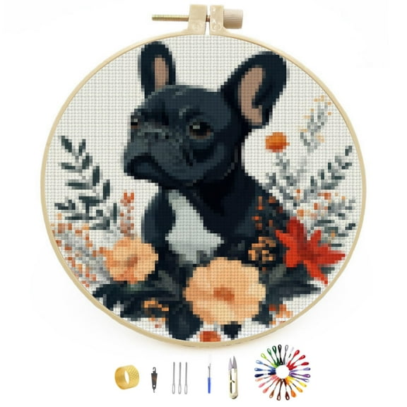 DIY Stamped Cross Stitch Kits French Bulldog and Flowers Easy for Beginners with Hoop 11CT Counted Embroidery Needlepoint Crafts Arts for Handmade Enthusiasts and Home Decor 30x30cm(2)