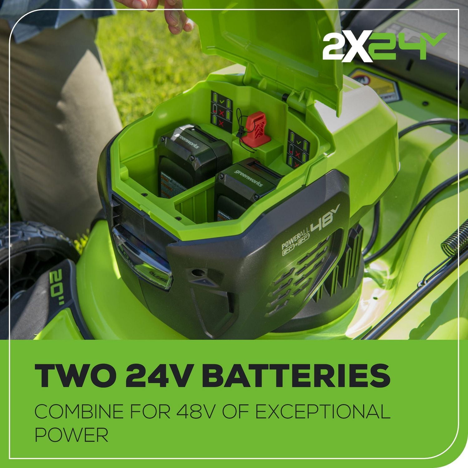 Tondeuse manuelle Greenworks 48 V (2 x 24 V) sans balai, 20 pouces, 2 batteries 4 Ah et chargeur 4 A