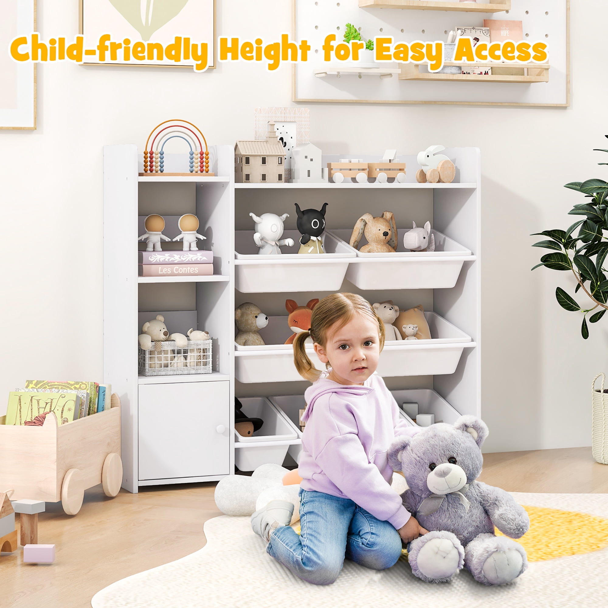 Gymax 4-Tier Kids Toy Storage Organizer Bookshelf w/ 8 Toy Organizer Bins Door