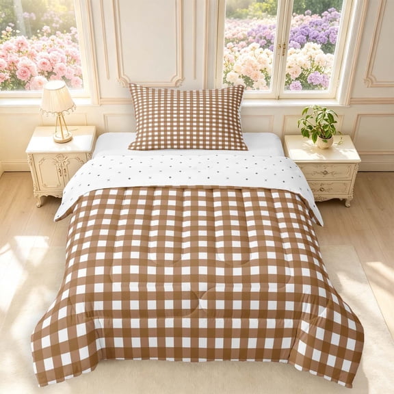 Manfei Modern Brown Checkered Twin Comforter Sets,Geometric Check Bedding Set,Reversible,2 Pieces,1 Comforter and 1 Pillowcase,2 Pieces,1 Comforter and 1 Pillowcase