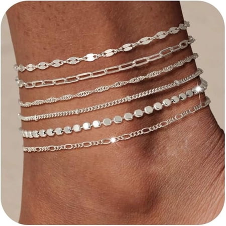 Tarien Waterproof Ankle Bracelets for Women, 14K Real Gold Plated Anklets for Women 6PCS Anklet Set Dainty Summer Beach Jewelry