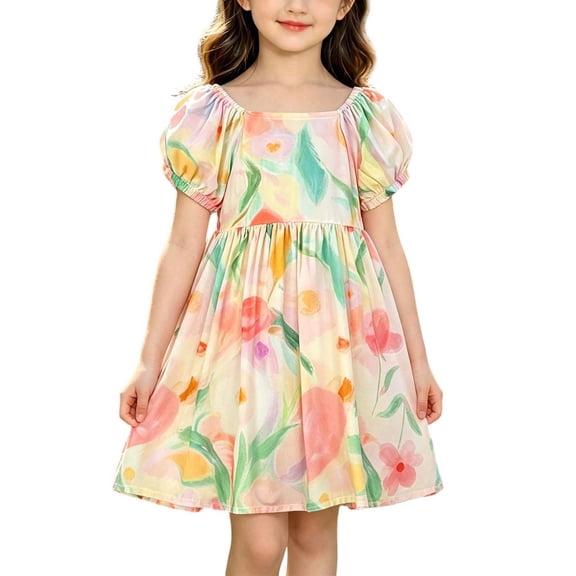 IFNWSV Girls Summer Casual Dress Short Sleeve Floral Print Round Neck Loose Fit A-Line Cotton Sundress Multicolor 8-9 Years