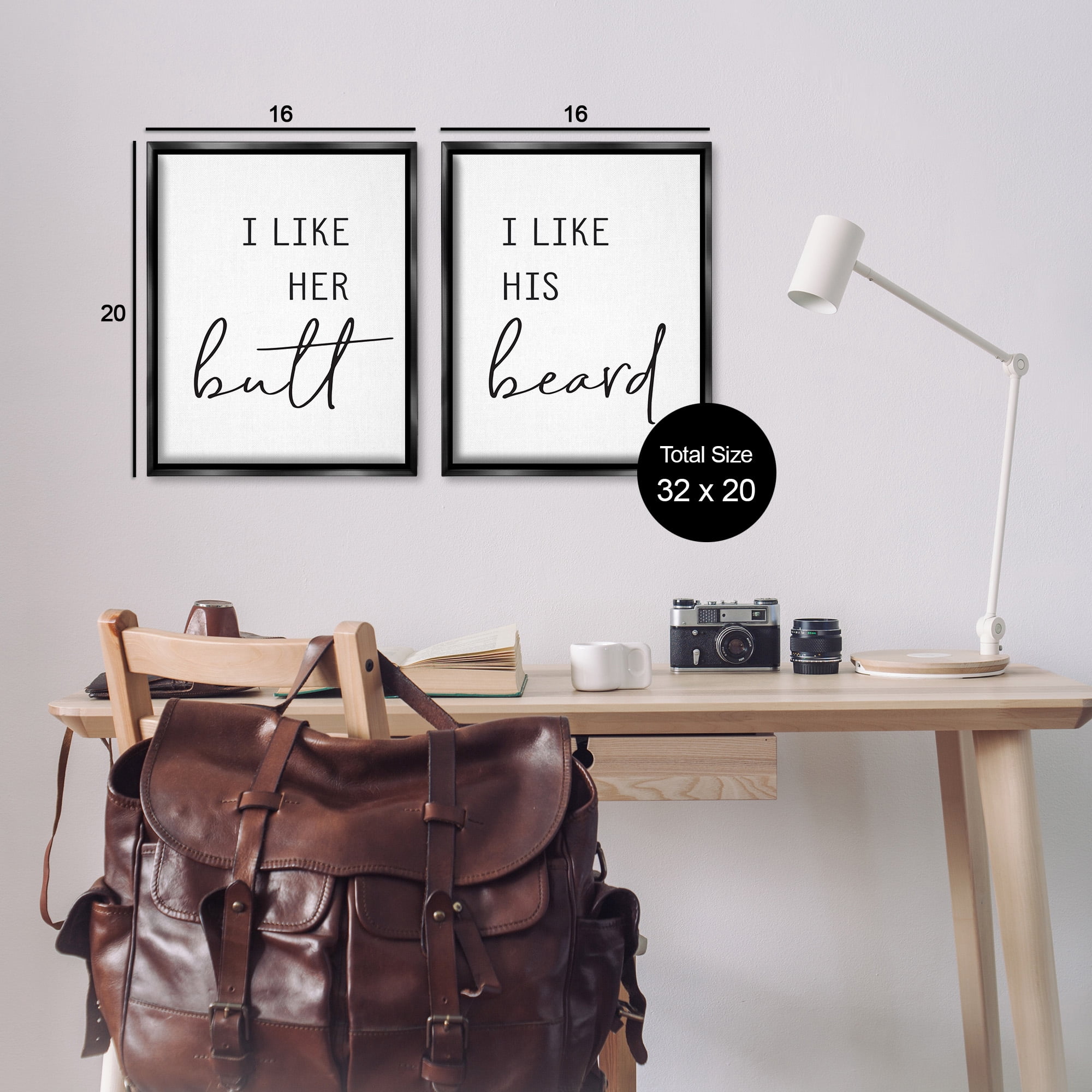 Stupell Industries Her Butt His Beard Funny Romantic Typography Painting Black Floater Framed Canvas Art Print Wall Art, 17 x 21, Set of 2