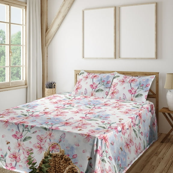 Ambesonne Floral Design Fitted & Flat Sheet with Shams 4 Pcs Set, Chill Japanese Flower, King, Pale Pink Reseda Green