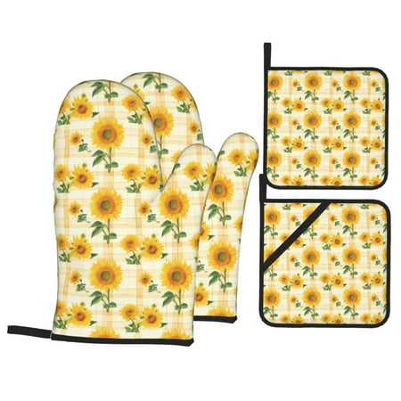 

Oven Mitts and Pot Holders 4 pcs Set Yellow White Plaid Sunflower Heat Resistant Pot Holders Oven Mitts for kitchen Non-Slip Hanging Loop Oven Glove Potholders for Baking Cooking
