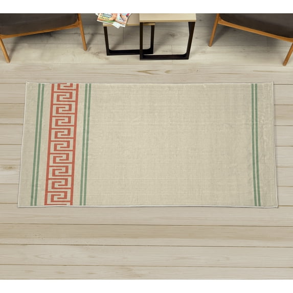 Abstract Decorative Rug, Simplistic Classic Greek Inspired Pattern in Monochrome Design, Quality Carpet for Bedroom Dorm and Living Room, 6 Sizes, Ivory Green and Dark Salmon, by Ambesonne