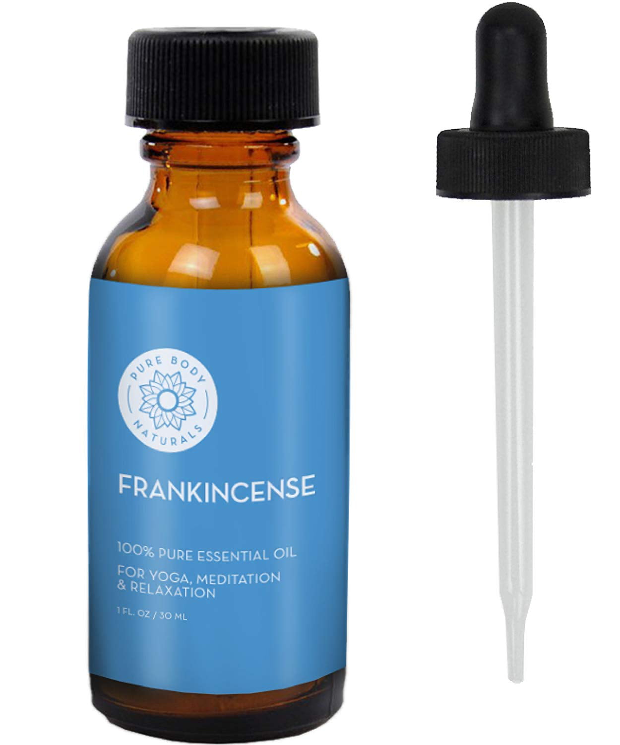 Pure Body Naturals 100% Pure Frankincense Essential Oil for Diffuser and Skin, Stress Relief, Meditation and Yoga, 1 fl oz (Label Varies)