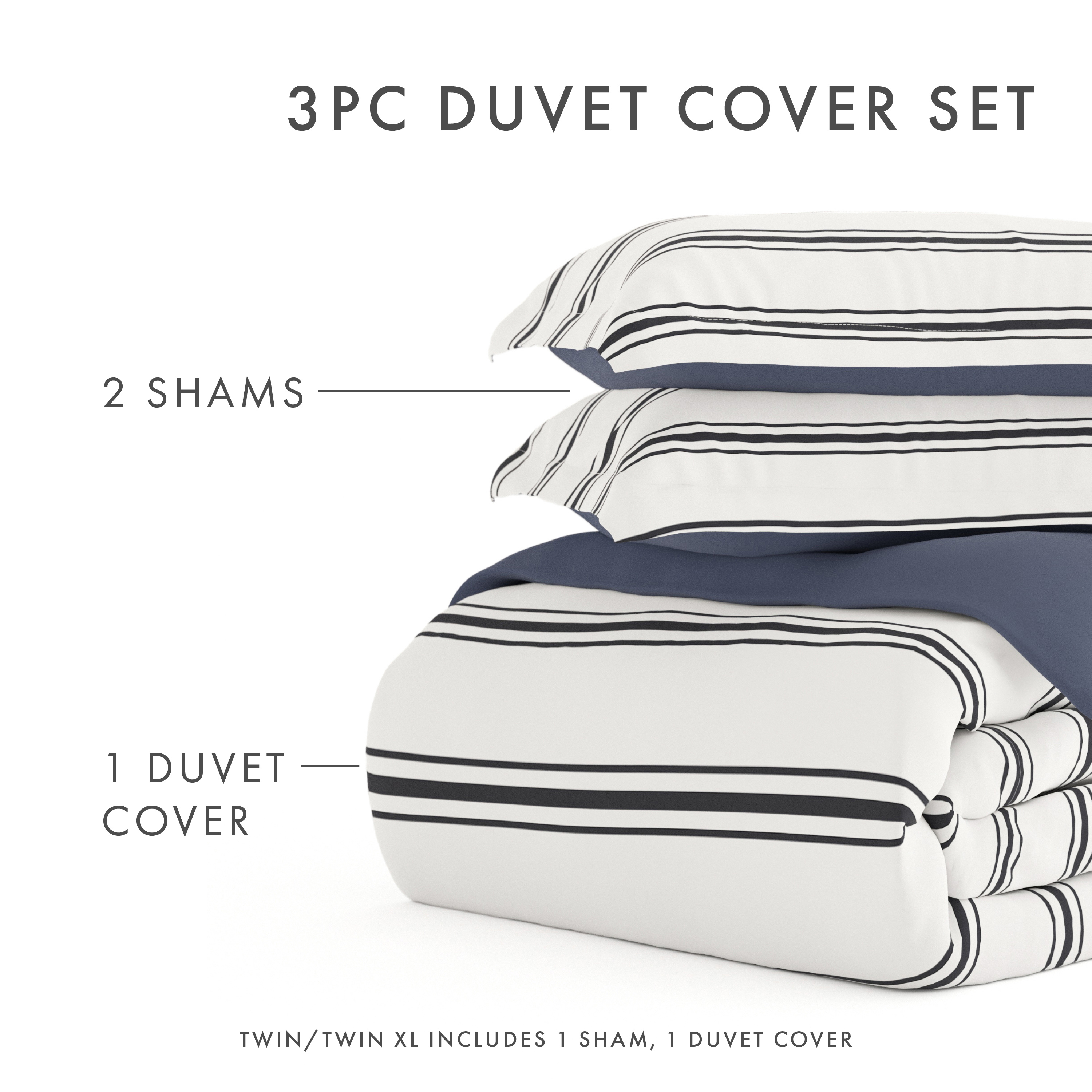 Noble Linens Navy Desert Stripe Reversible 3-Piece Duvet Cover Set, Full/Queen