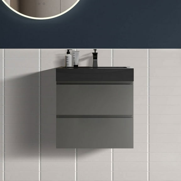 CITTANEO 24 inch Floating Bathroom Vanity with Black Sink, Modern Bathroom Cabinet in Gray