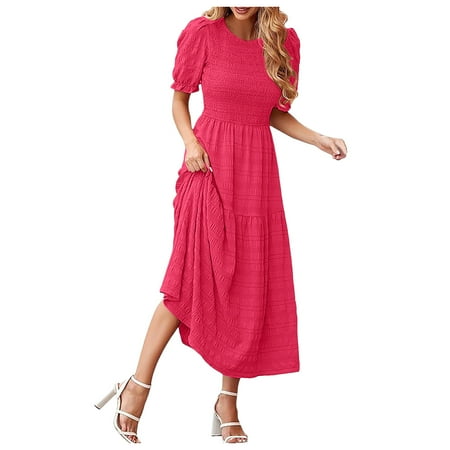 Mnyotv Womens Dresses Spring Women Summer Casual Puff Short Sleeve Crewneck Flowy Ruffle Boho Solid Color Maxi Dress Holiday Dress Hot Pink 2XL