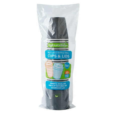 

8 oz Black Paper Ripple Wall Coffee Cup - with Black Lid - 3 1/2 x 3 1/2 x 4 - 400 count box