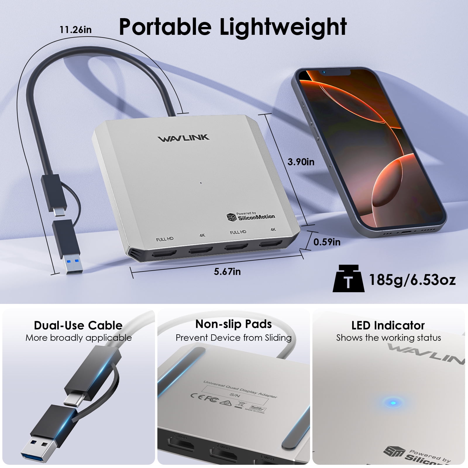 WAVLINK Quad Display USB Adapter with 4K@30Hz/1080P@60Hz HDMI Ports, USB Laptop Adapter 5Gbps Data Transfer Speed for Intel/Mac&Windows Laptop