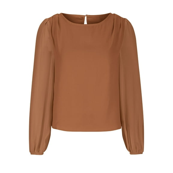 Scyoekwg Women Long Sleeve Tops Crew Neck Basic Tops Trendy Lightweight Women Blouses Fall Tops Dressy Casual Blouses Solid Color Pullover (Coffee,L)