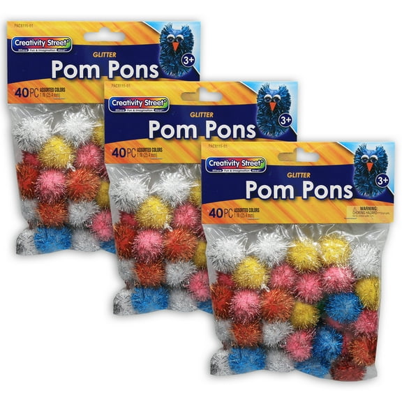 Creativity Street Glitter Pom Pons, Assorted Colors, 1", 40 Pieces Per Pack, 3 Pack
