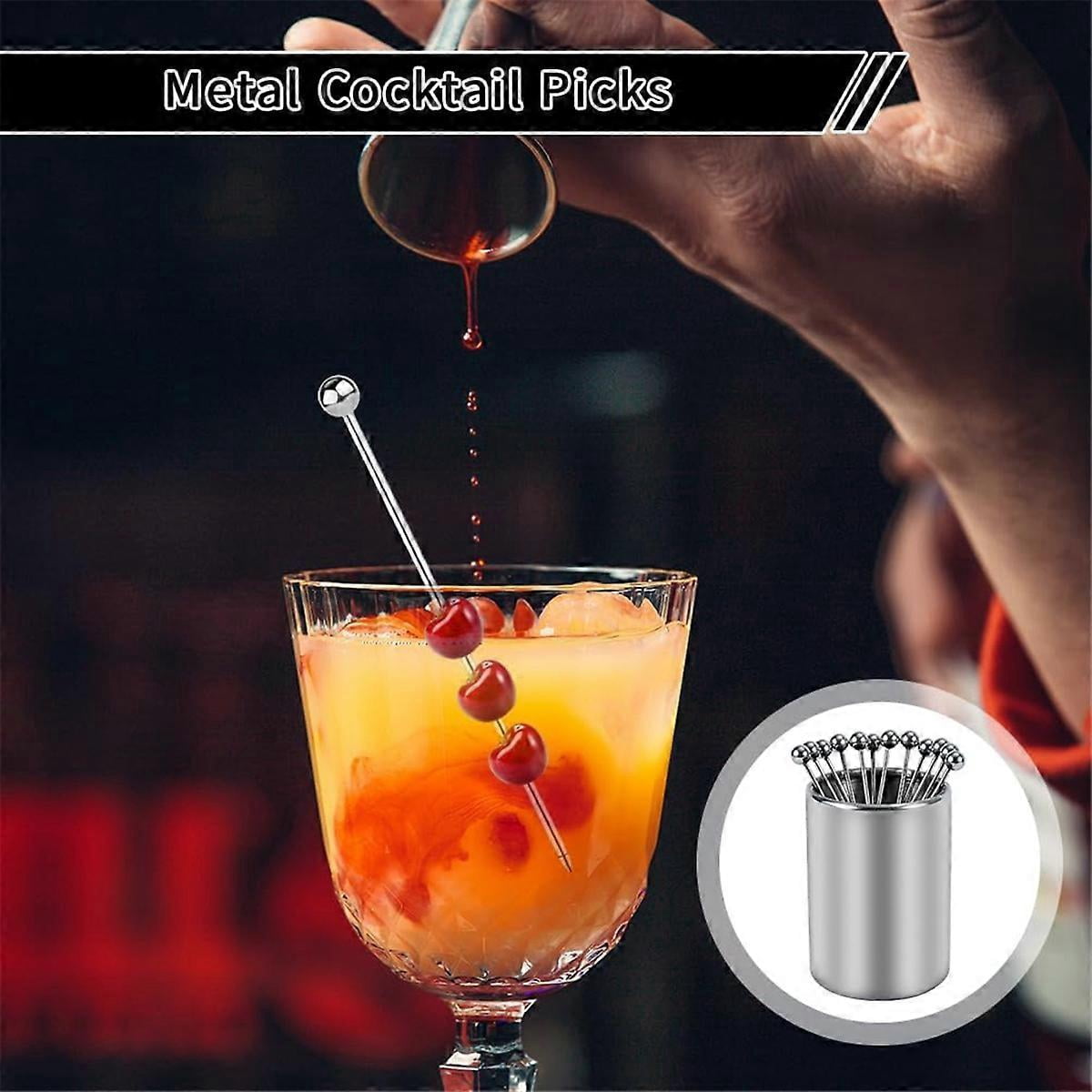 20PCS Metal Cocktail Picks with Holder Kit, Stainless Steel Cocktail Picks, Reusable Cocktail Skewer