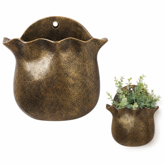 Antique Gold Scalloped Top Wall Pocket Vintage Wall Mounted Planter Vase Decorative Wall Holder for Dried Flowers Home Decor