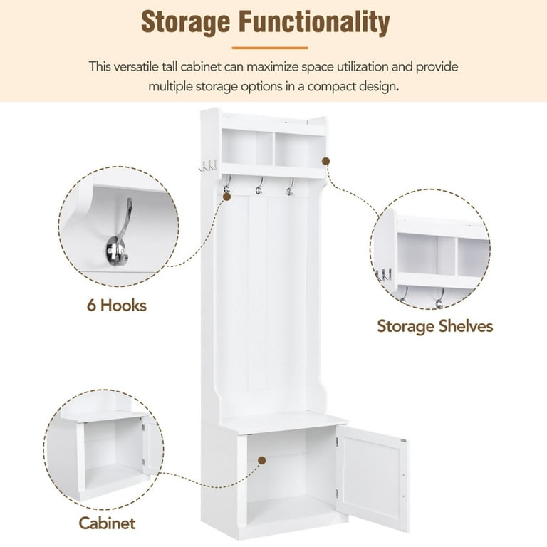 Minimalist Slim Hall Tree with Cabinet 6 Hanging Hooks 2 Open Compartments Multi functional Storage Bench with Coat Rack for Hallway Living room Space Saving White Walmart